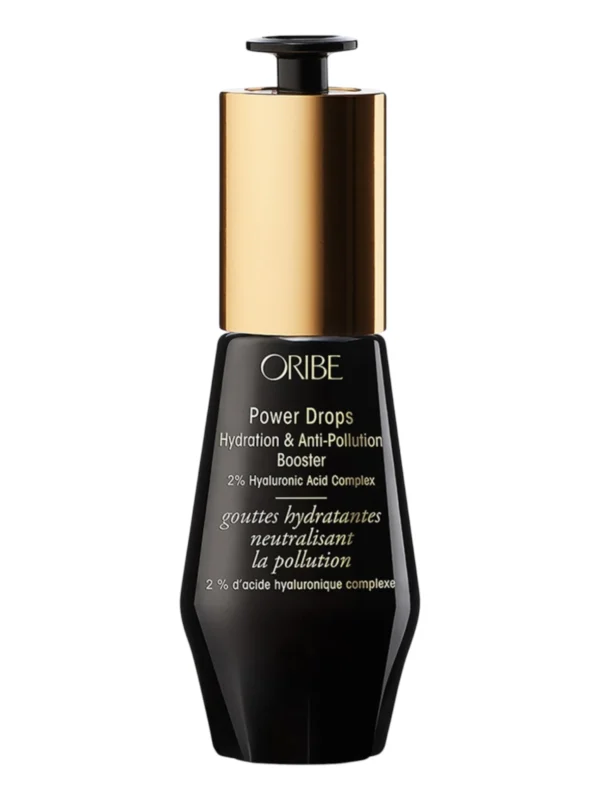 oribe-power-drops-hydration-anti-pollution-booster-frontal Frasco de cristal oscuro de Oribe Power Drops Hydration & Anti-Pollution Booster con dosificador de precisión dorado.