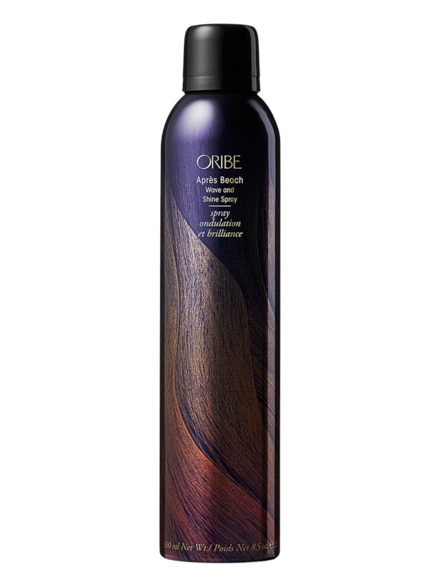 Bote de spray Oribe Après Beach Wave and Shine Spray con diseño de ondas en tonos púrpuras y dorados.