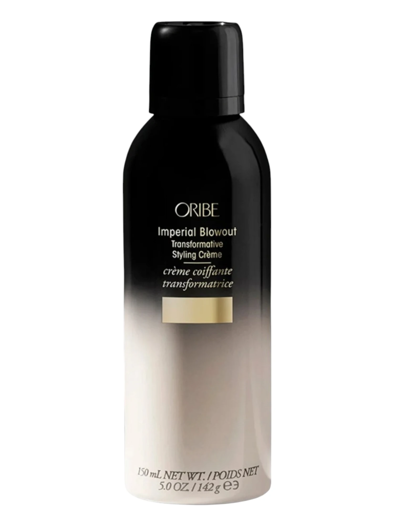 Envase frontal de Oribe Gold Lust Imperial Blowout Transformative Styling Creme de 150 ml sobre fondo blanco
