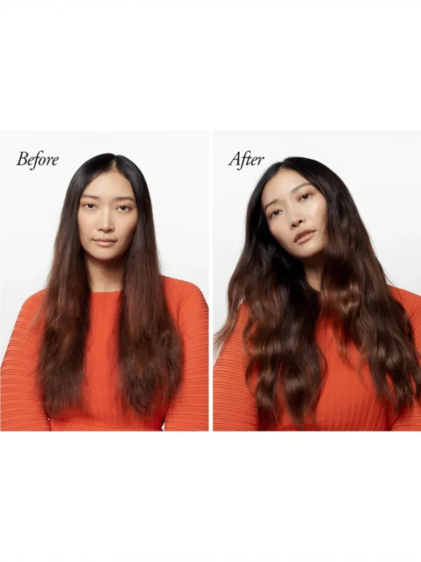 Comparativa de antes y después del uso de Oribe Maximista Thickening Spray mostrando el incremento de grosor y densidad