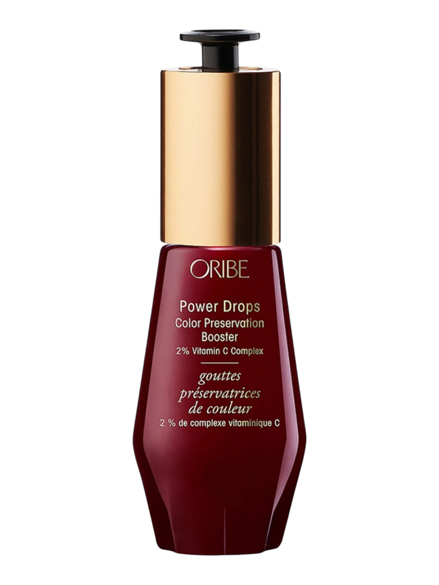 Envase frontal de Oribe Power Drops Color Preservation Booster de 30 ml, sérum concentrado protector del color