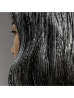 Perfil de una modelo mostrando una melena de cabello gris oscuro con intensos reflejos plateados y un acabado muy brillante y pulido.