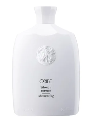 Botella frontal de Oribe Silverati Shampoo de 250 ml en color blanco puro con el emblema circular en relieve y tipografía minimalista negra.