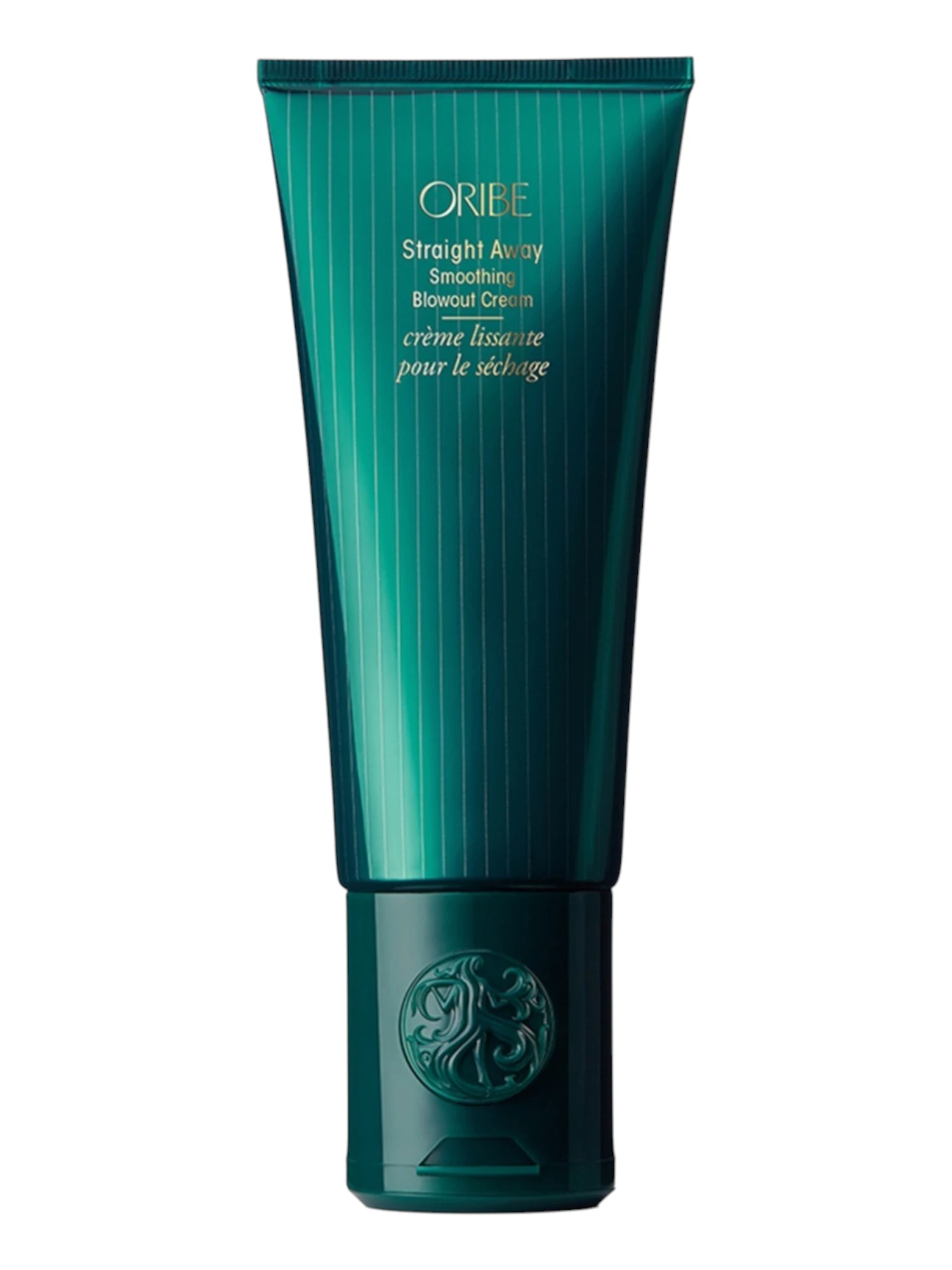 Envase frontal de Oribe Straight Away Smoothing Blowout Cream de 150 ml, crema alisadora con protección térmica