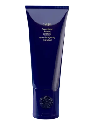 Envase azul elegante del Supershine Hydrating Conditioner de Oribe con tipografía dorada.