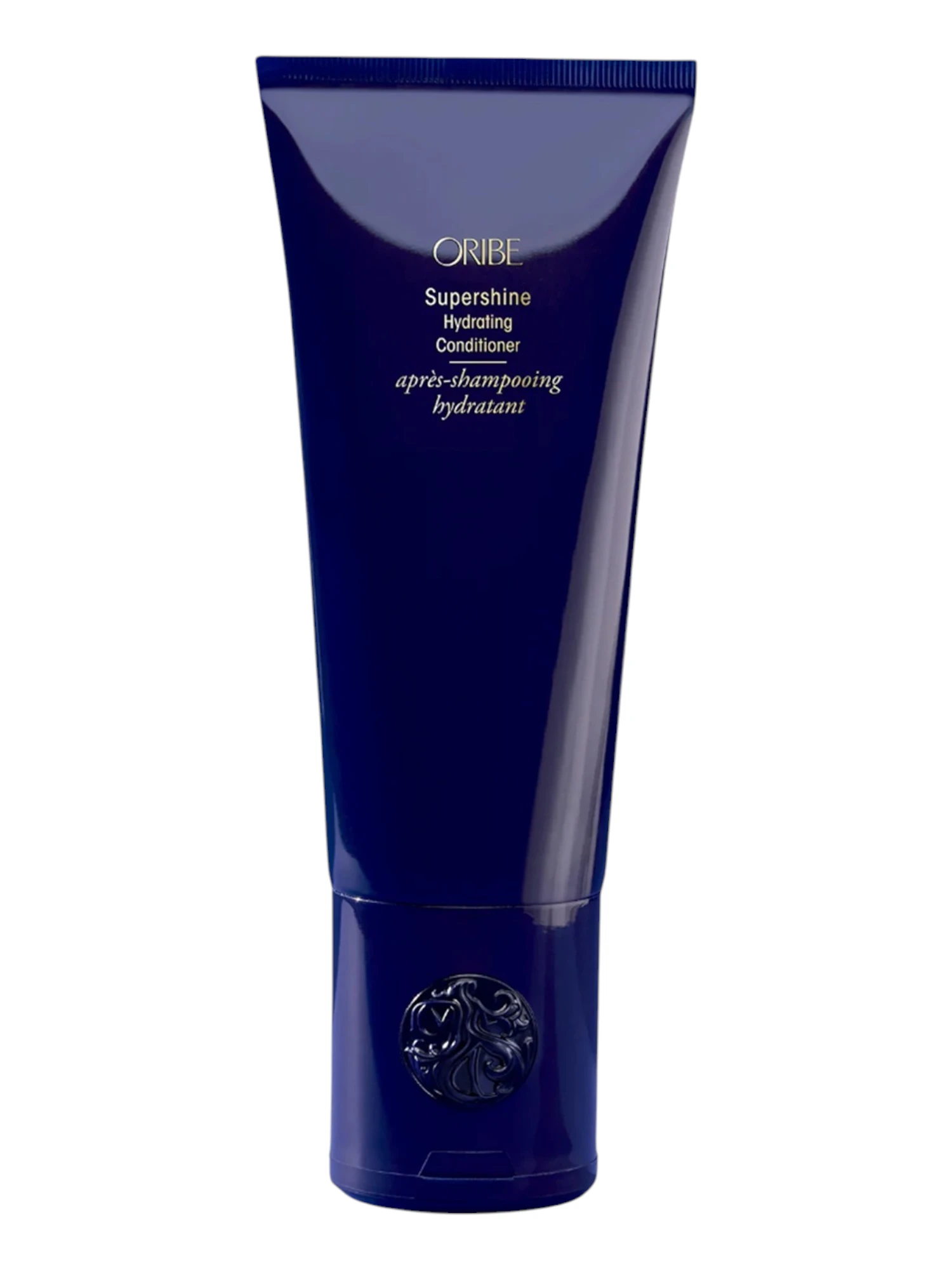 Envase azul elegante del Supershine Hydrating Conditioner de Oribe con tipografía dorada.
