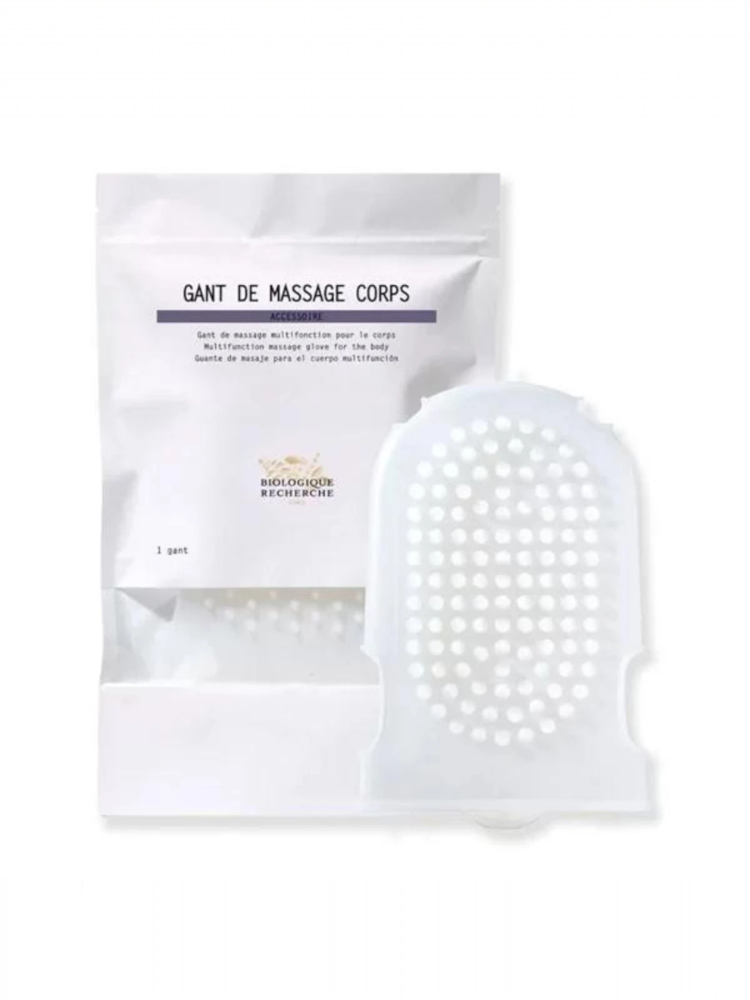 Biologique Guante Corporal de silicona para masaje multifunción con su envase original GANT DE MASSAGE CORPS.