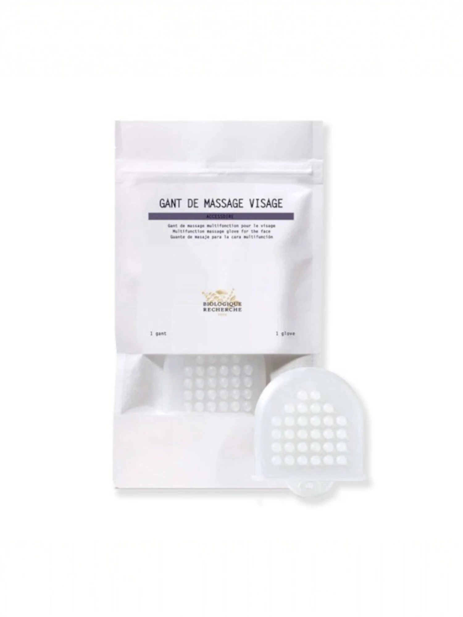Biologique Guante Facial de silicona para masaje y exfoliación en su estuche original.