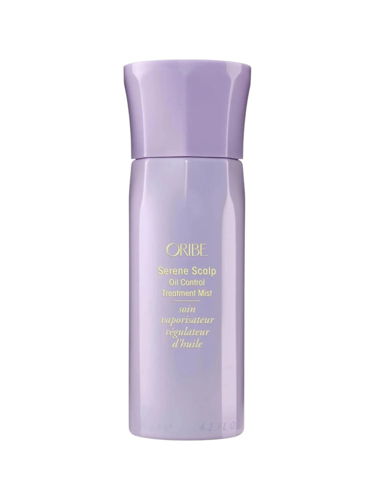 Fotografía de producto del envase lila de Oribe Serene Scalp Oil Control Treatment Mist de 125 ml sobre fondo blanco
