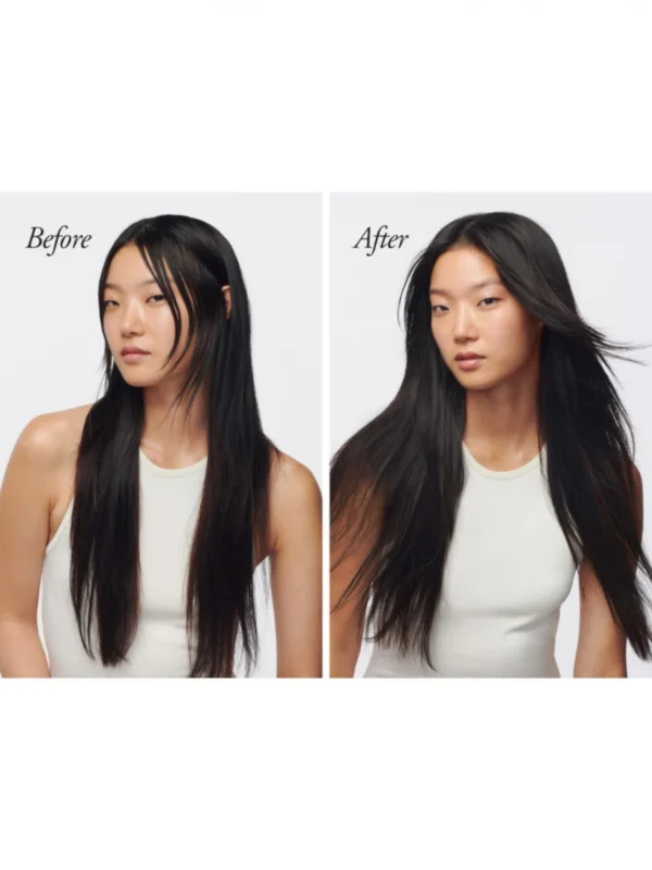 Comparativa de "Antes" y "Después" mostrando el efecto matificante y de volumen del tratamiento en una modelo con cabello largo oscuro