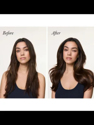 Comparativa de resultados en modelo de cabello oscuro; a la izquierda el cabello se ve liso y natural, a la derecha muestra mayor volumen, suavidad y brillo tras el tratamiento.