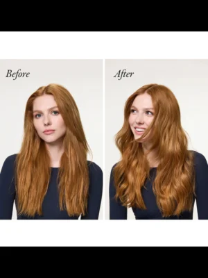 Comparativa de resultados en modelo pelirroja; la imagen "After" destaca un cabello con ondas definidas, hidratado y con un brillo intenso efecto cristal.