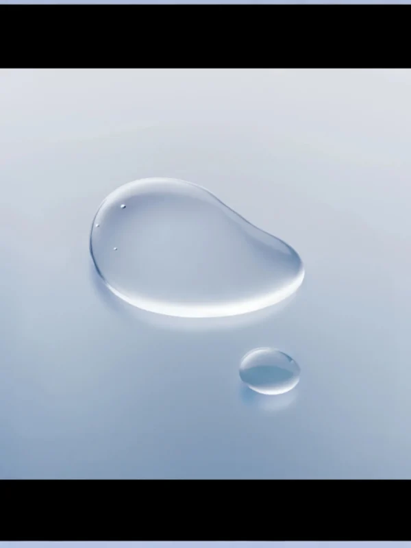 Muestra de la textura líquida, transparente y ligera del producto formando dos gotas cristalinas sobre una superficie azul claro difuminada.