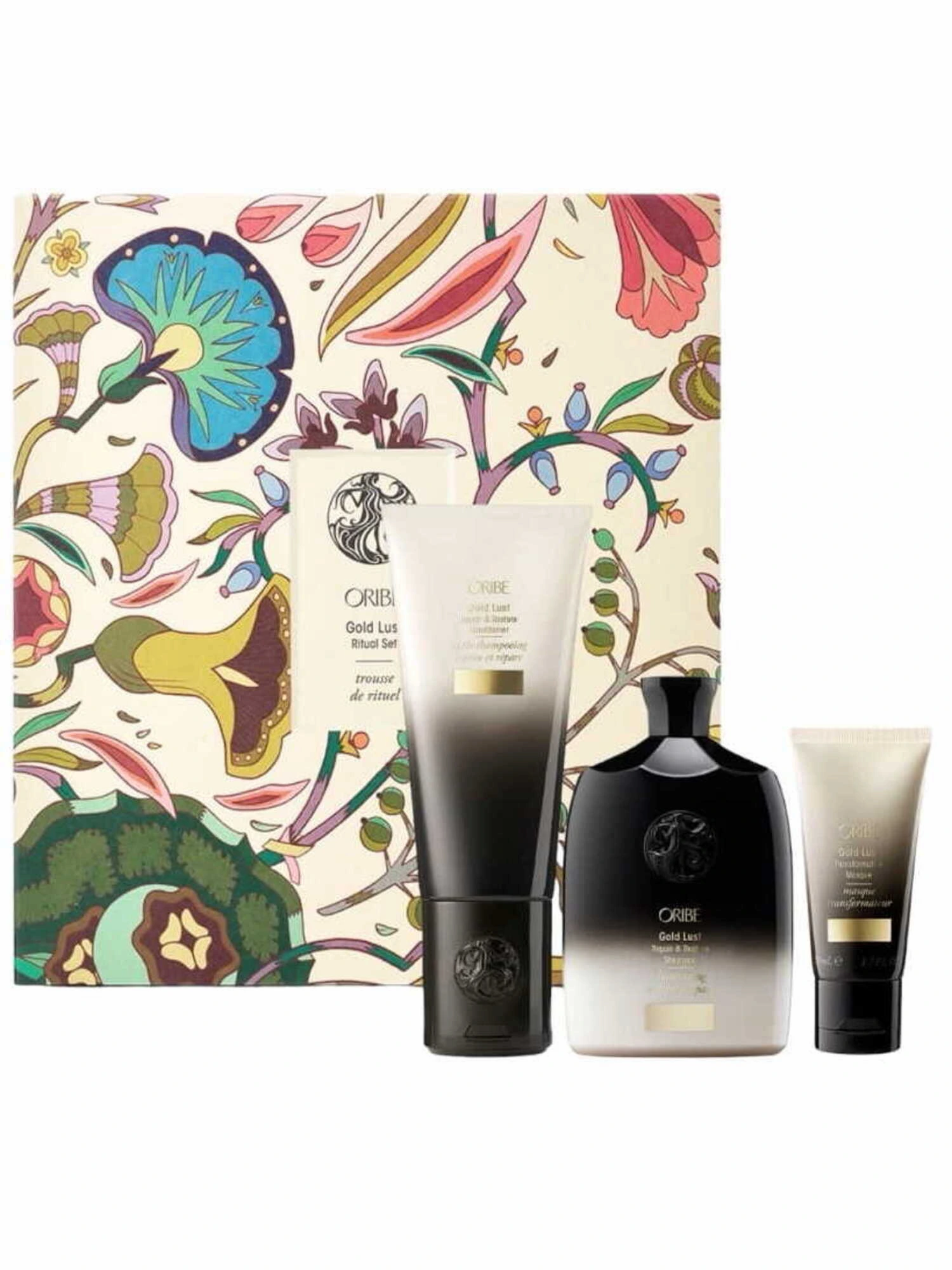 Presentación del set Oribe Gold Lust Ritual con productos de cuidado capilar