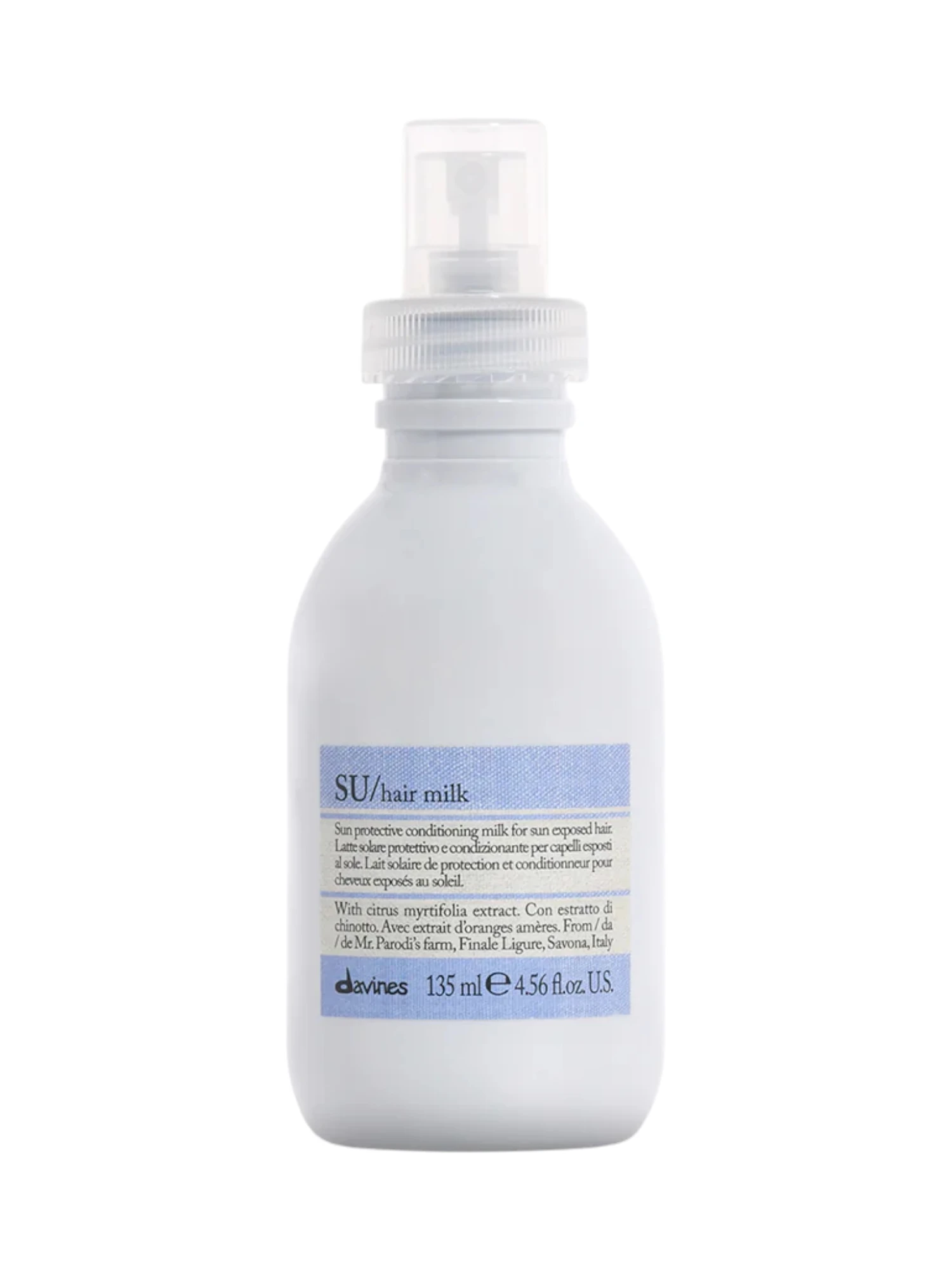 Envase frontal de Davines SU Milk de 135 ml, leche acondicionadora protectora para cabello expuesto al sol