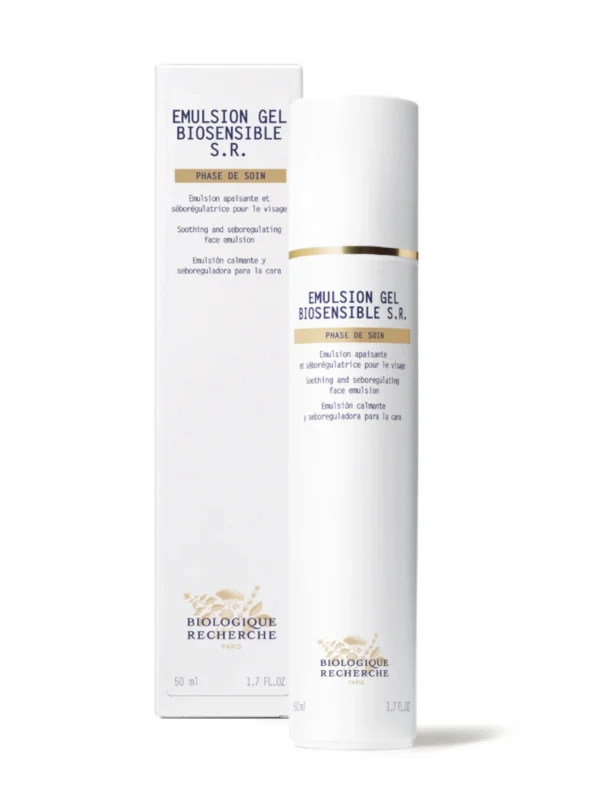Emulsión Gel Biosensible S.R. de Biologique Recherche, una emulsión calmante y seborreguladora para pieles sensibles y grasas.
