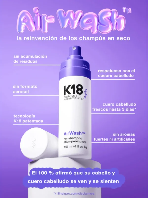 Champú en seco K18 AirWash sin residuos, respetuoso con el cuero cabelludo
