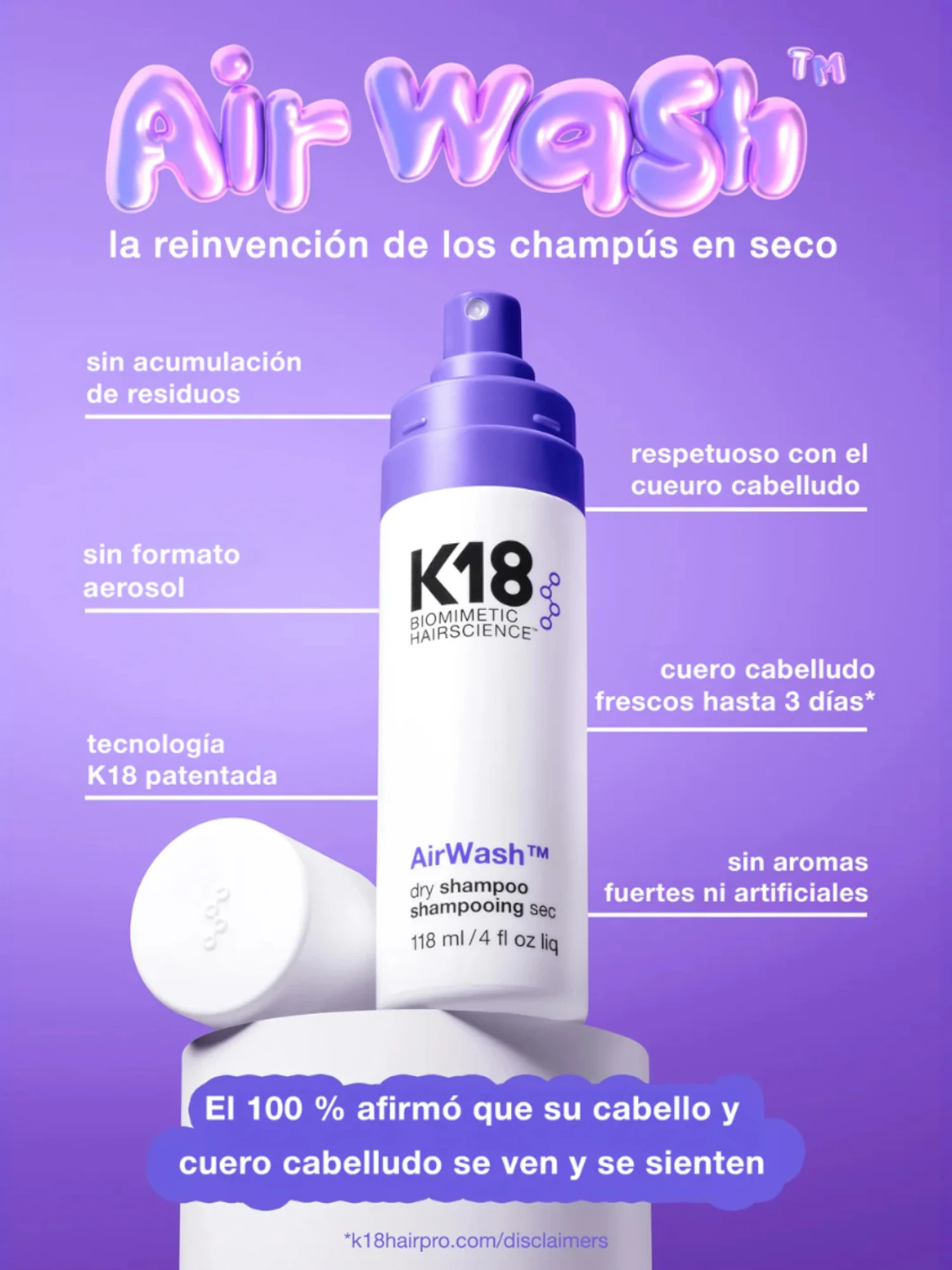 Champú en seco K18 AirWash sin residuos, respetuoso con el cuero cabelludo