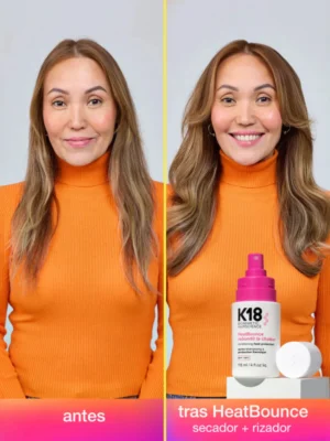 Antes y después del uso de K18 HeatBounce Conditioning Heat Protectant con herramientas de calor