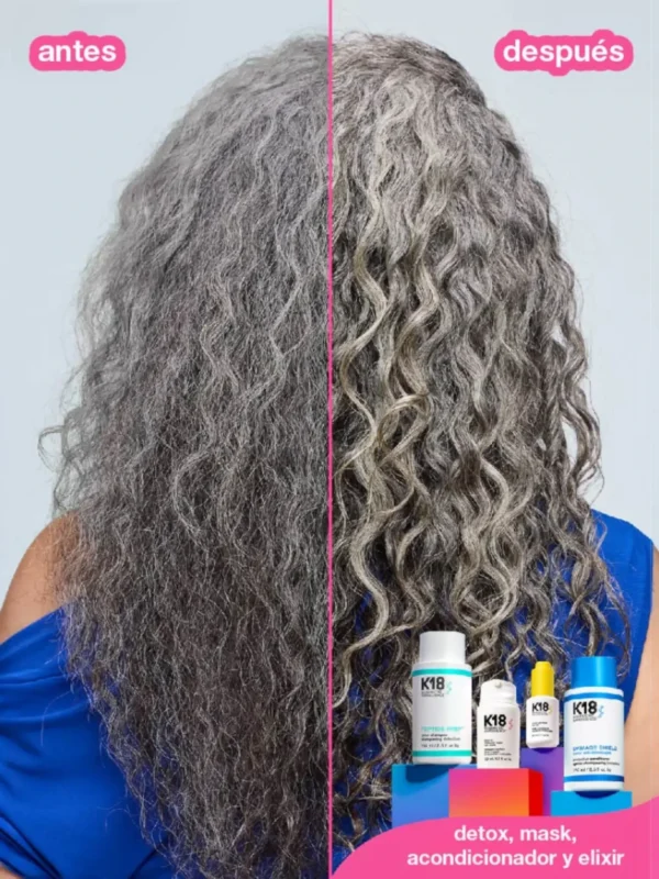 Resultados antes y después de la mascarilla reparadora K18 en cabello canoso y debilitado