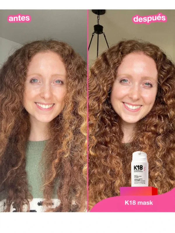 Antes y después del uso de la mascarilla K18 Leave-In Molecular Repair en cabello rizado dañado