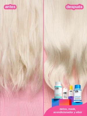 Reparación del cabello rubio dañado con K18 Leave-In Molecular Repair Hair Mask