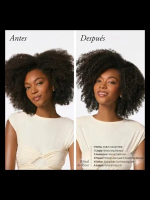Antes y después rizos afro definidos con Oribe Eternal Curls Polish & Protect Oil control del encrespamiento