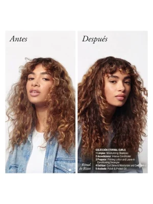 Antes y después cabello rizado con más definición y brillo usando Oribe Eternal Curls Polish & Protect Oil