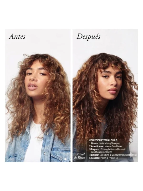 Antes y después cabello rizado con más definición y brillo usando Oribe Eternal Curls Polish & Protect Oil