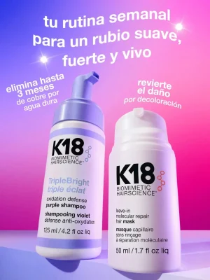 rutina K18 TripleBright con mascarilla molecular reparación cabello rubio