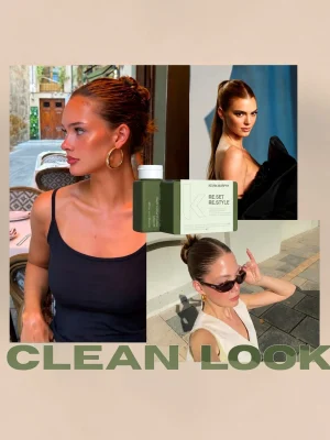 Modelo con recogido pulido mostrando el resultado del Kevin Murphy RE.SET RE.STYLE Pack para un clean look con acabado brillante y sin encrespamiento.