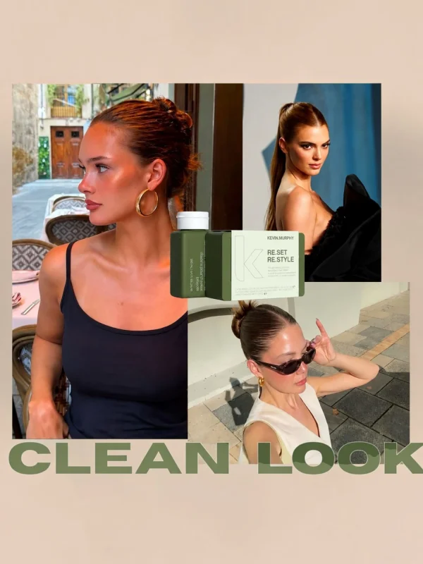 Modelo con recogido pulido mostrando el resultado del Kevin Murphy RE.SET RE.STYLE Pack para un clean look con acabado brillante y sin encrespamiento.