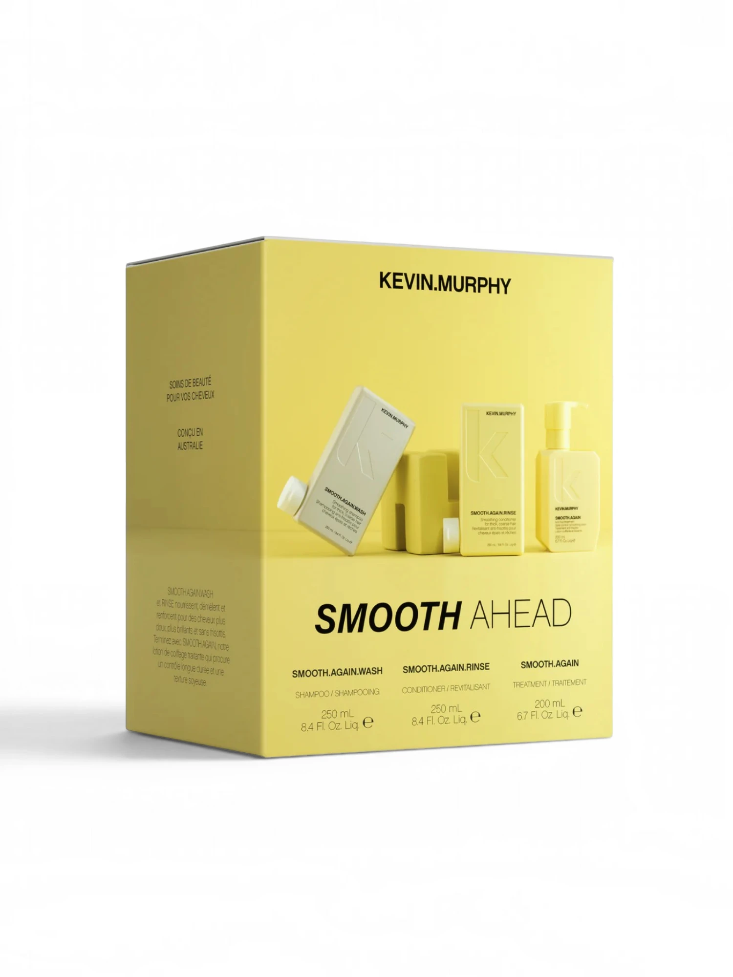 Kevin Murphy Smooth Ahead Pack con SMOOTH.AGAIN.WASH, SMOOTH.AGAIN.RINSE y SMOOTH.AGAIN para controlar el encrespamiento y suavizar el cabello.